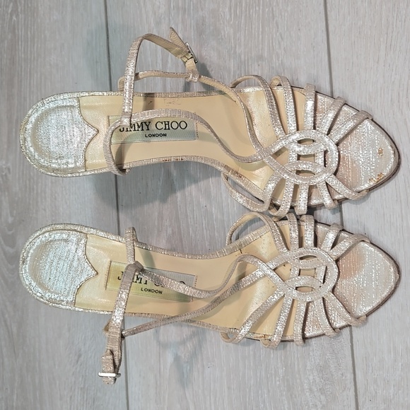 Jimmy Choo WomenElegant Strappy Heels in Shimmering Gold Sandals Shoes 37.5/7.5 - Picture 3 of 14